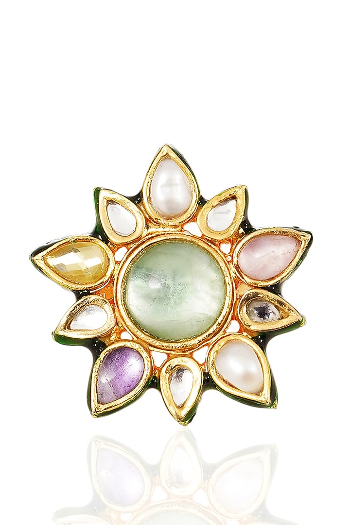 Gold Finish Kundan Polki & Navratna Stone Ring by Preeti Mohan at Pernia's Pop Up Shop