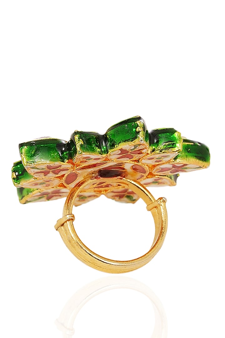 Gold Finish Kundan Polki & Navratna Stone Ring by Preeti Mohan at Pernia's Pop Up Shop