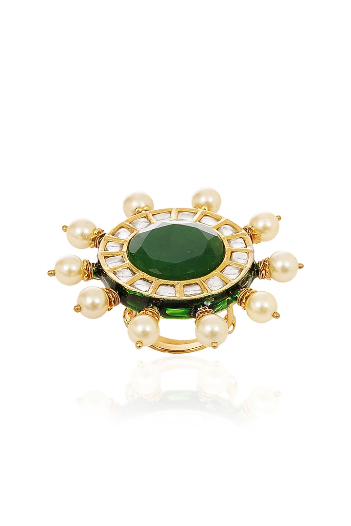 Gold Finish Kundan Polki & Navratna Stone Ring by Preeti Mohan at Pernia's Pop Up Shop