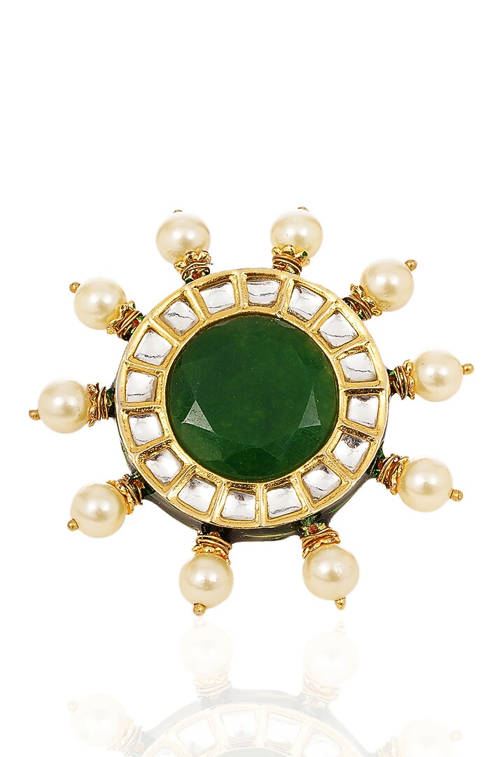 Gold Finish Kundan Polki & Navratna Stone Ring by Preeti Mohan at Pernia's Pop Up Shop