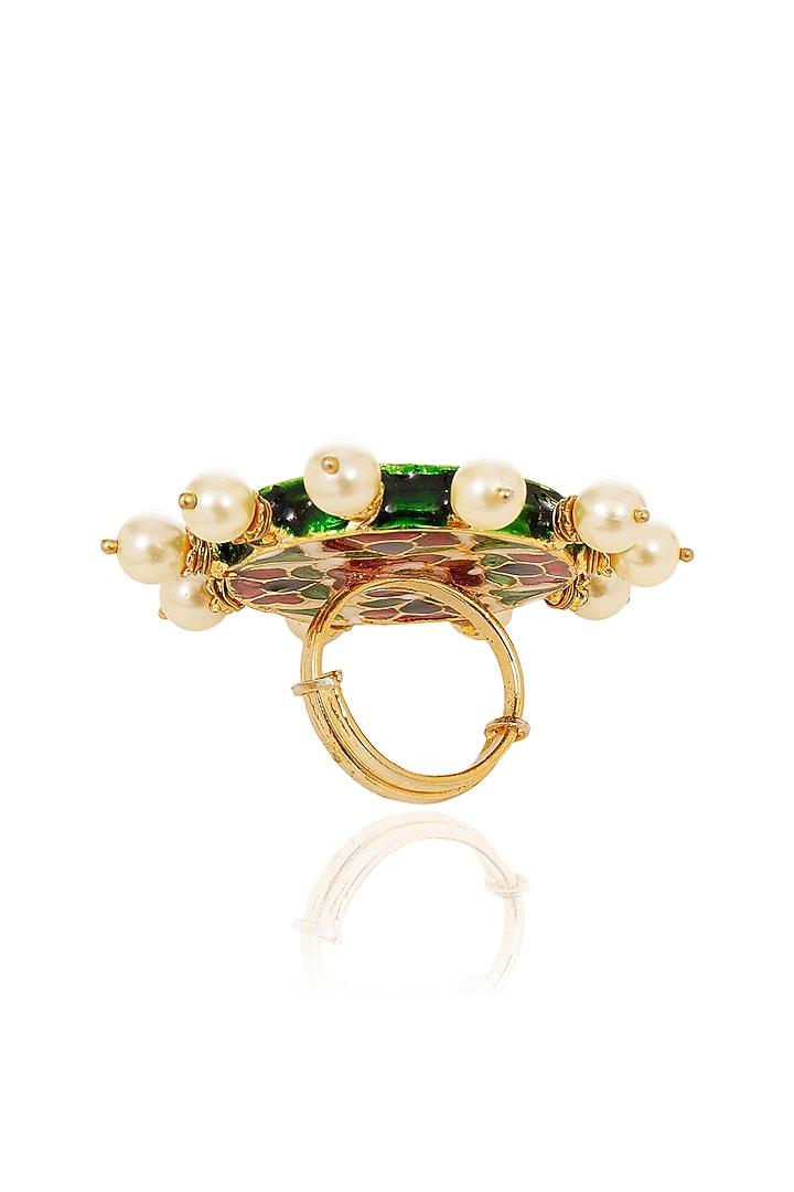 Gold Finish Kundan Polki & Navratna Stone Ring by Preeti Mohan at Pernia's Pop Up Shop