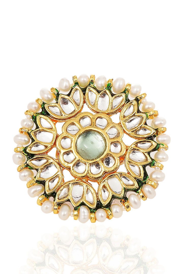 Gold Finish Green Kundan Polki Ring by Preeti Mohan at Pernia's Pop Up Shop