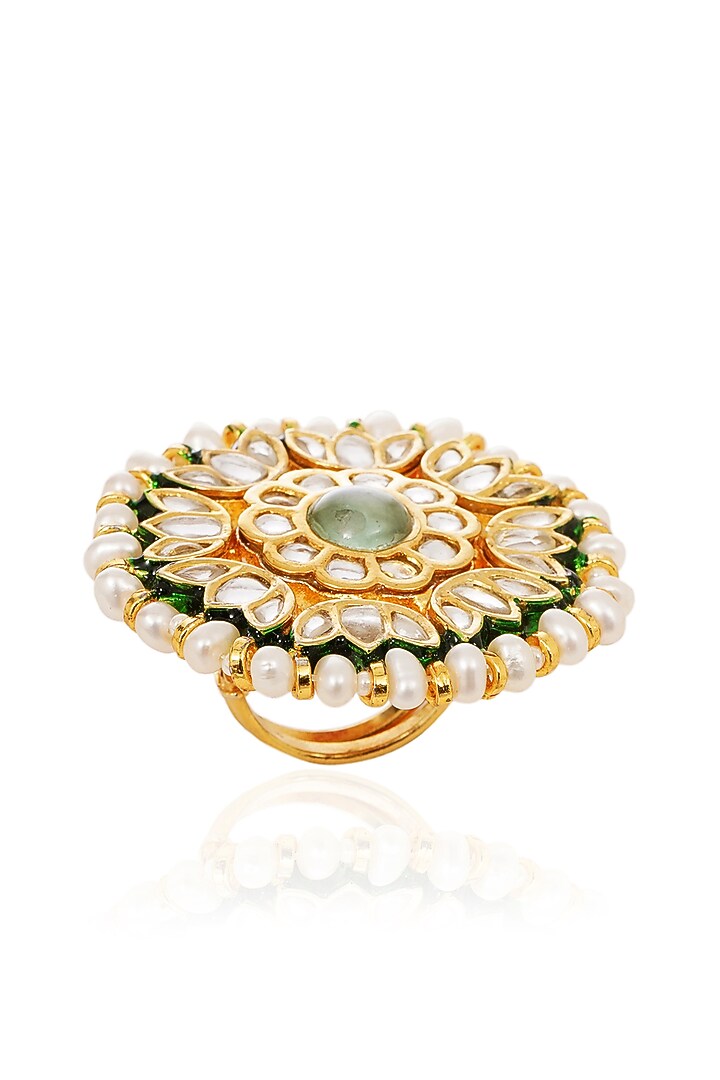 Gold Finish Green Kundan Polki Ring by Preeti Mohan at Pernia's Pop Up Shop