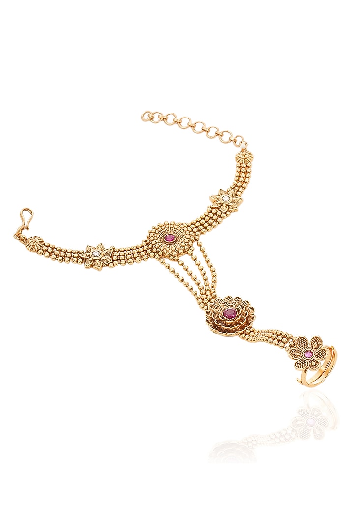 Gold Finish Ruby & Green Onyx Hathphools (Set Of 2) by Preeti Mohan at Pernia's Pop Up Shop