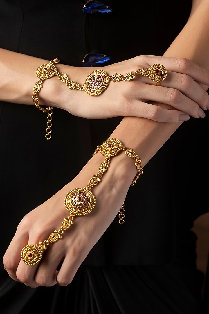 Gold Finish Ruby & Kundan Polki Hathphools (Set Of 2) by Preeti Mohan at Pernia's Pop Up Shop