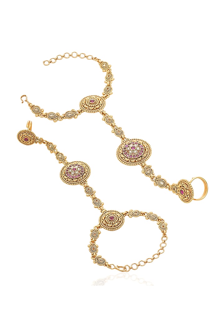 Gold Finish Ruby & Kundan Polki Hathphools (Set Of 2) by Preeti Mohan at Pernia's Pop Up Shop