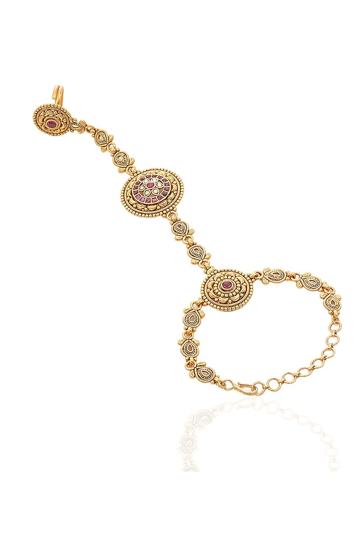 Gold Finish Ruby & Kundan Polki Hathphools (Set Of 2) by Preeti Mohan at Pernia's Pop Up Shop