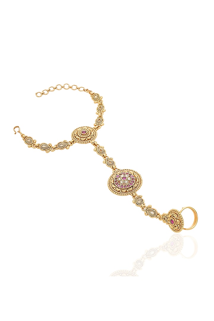 Gold Finish Ruby & Kundan Polki Hathphools (Set Of 2) by Preeti Mohan at Pernia's Pop Up Shop