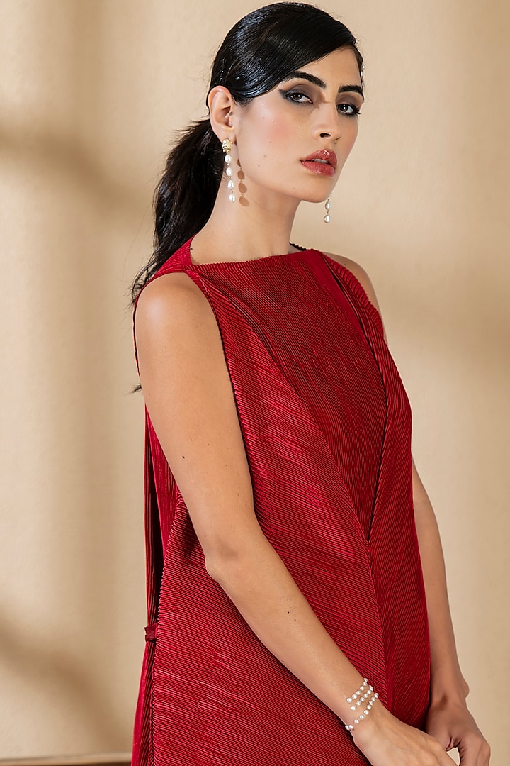 Rose Red Satin Pleated Draped Tunic Set by Preeti Mehta at Pernia's Pop Up Shop