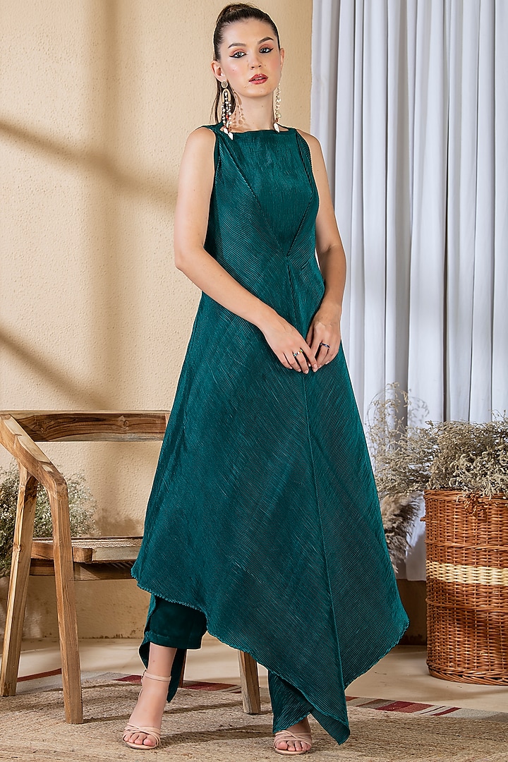 Teal Green Satin Pleated Draped Tunic Set by Preeti Mehta at Pernia's Pop Up Shop