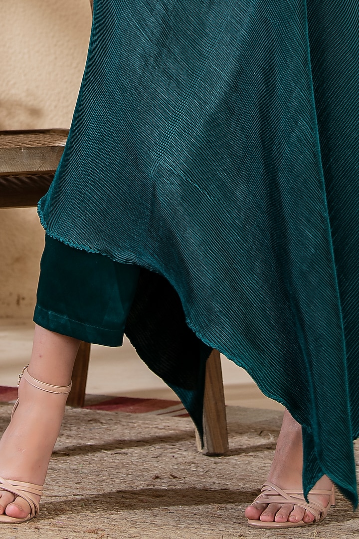 Teal Green Satin Pleated Draped Tunic Set by Preeti Mehta at Pernia's Pop Up Shop