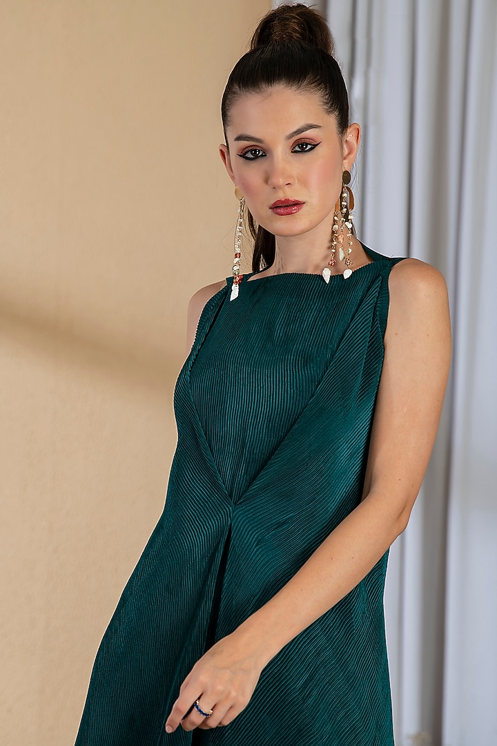 Teal Green Satin Pleated Draped Tunic Set by Preeti Mehta at Pernia's Pop Up Shop
