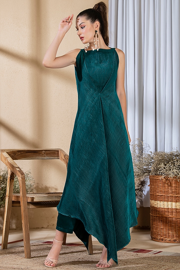 Teal Green Satin Pleated Draped Tunic Set by Preeti Mehta at Pernia's Pop Up Shop