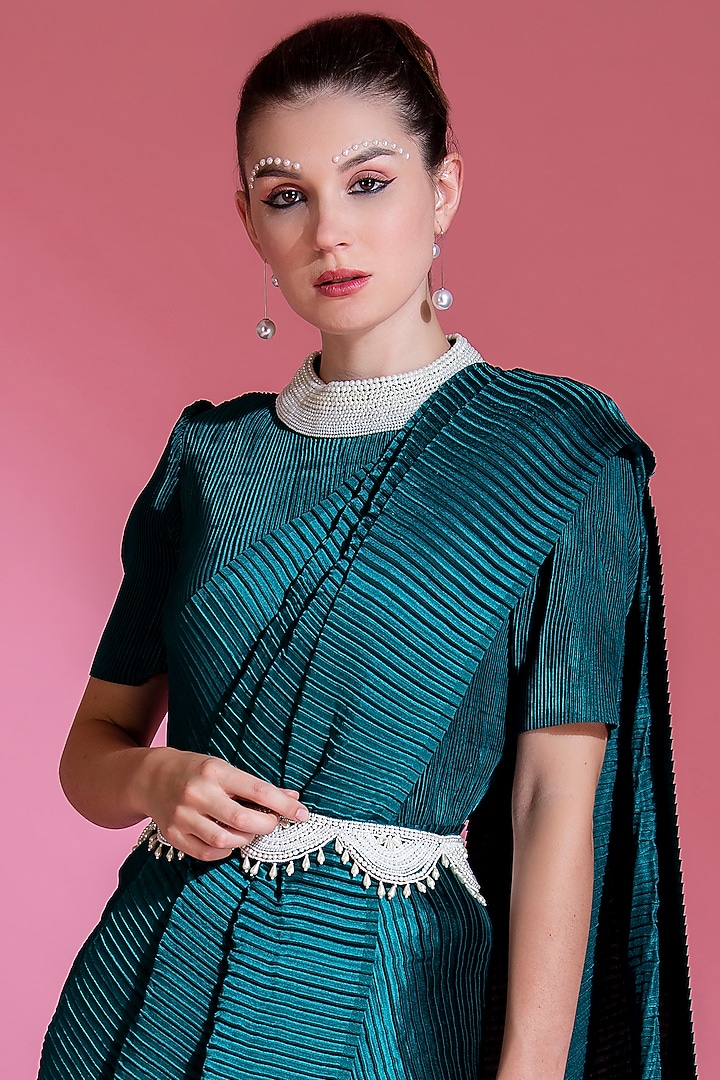 Teal Green Viscose Satin Pleated Party Wear Saree Set by Preeti Mehta at Pernia's Pop Up Shop