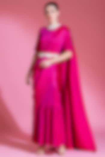 Hot Pink Viscose Satin Pleated Saree Set by Preeti Mehta