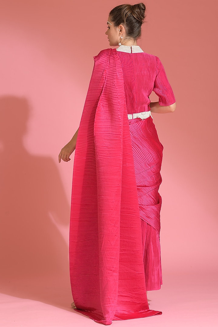 Hot Pink Viscose Satin Pleated Party Wear Saree Set by Preeti Mehta at Pernia's Pop Up Shop
