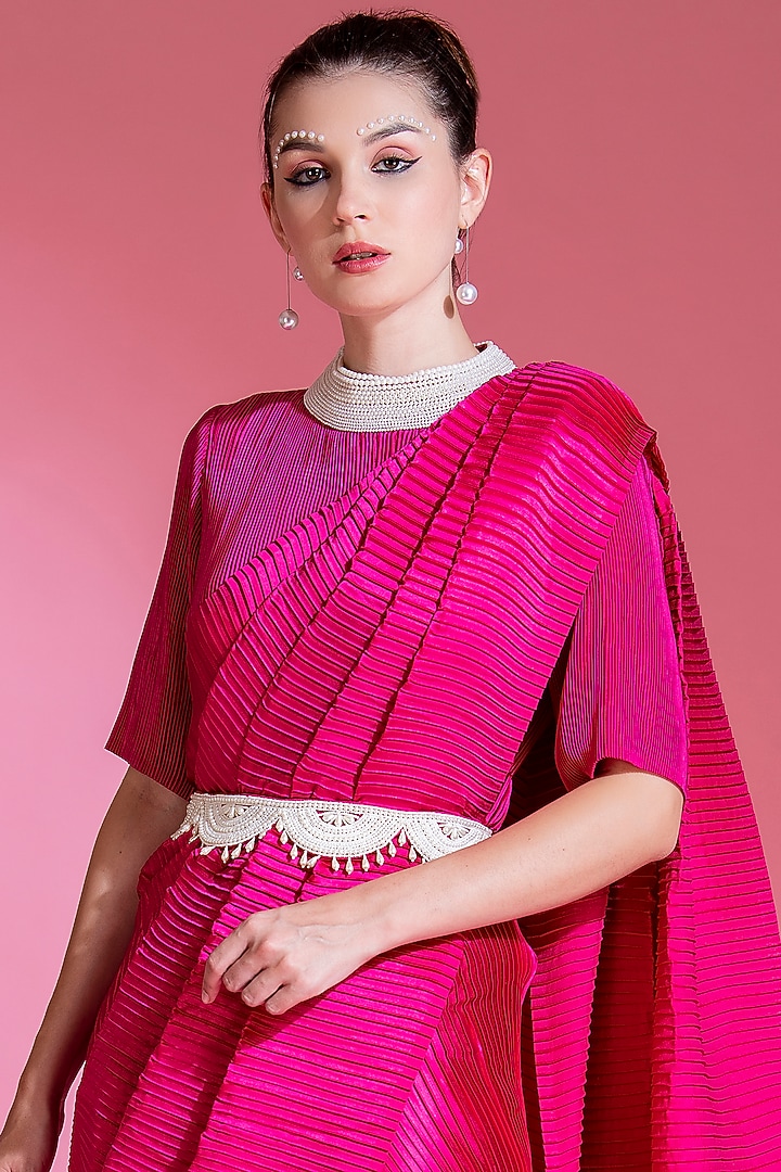 Hot Pink Viscose Satin Pleated Party Wear Saree Set by Preeti Mehta at Pernia's Pop Up Shop