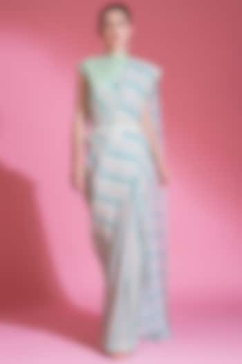 Seafoam Green Georgette Pre-Draped Striped Saree Set by Preeti Mehta