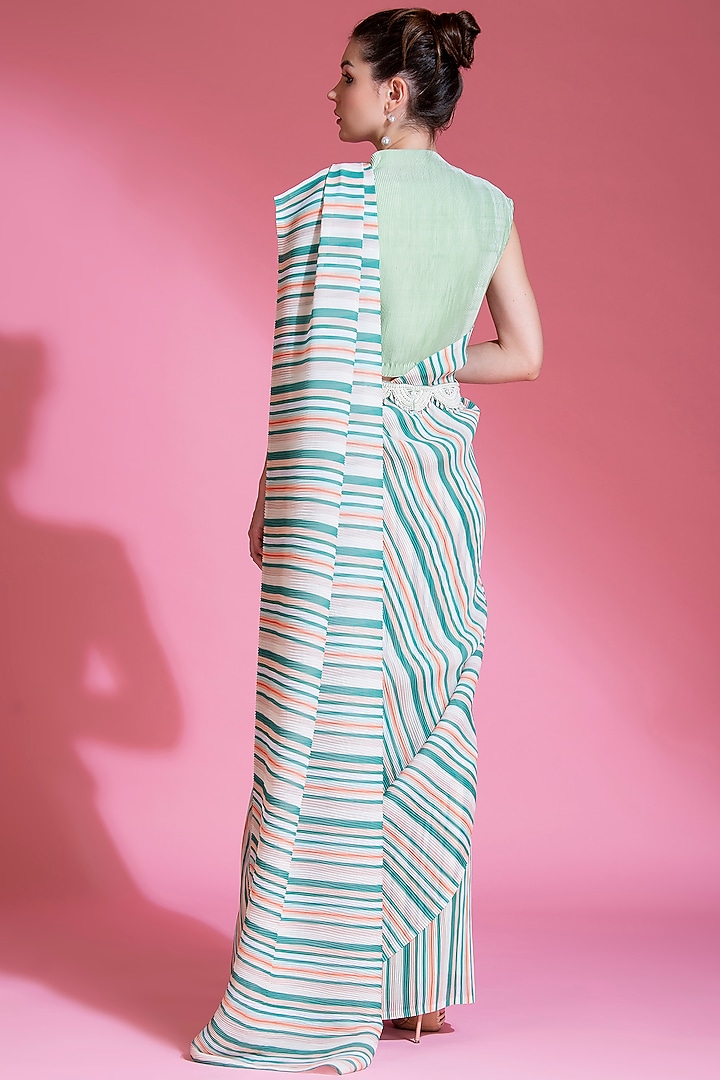 Seafoam Green Georgette Pre-Draped Striped Party Wear Saree Set by Preeti Mehta at Pernia's Pop Up Shop