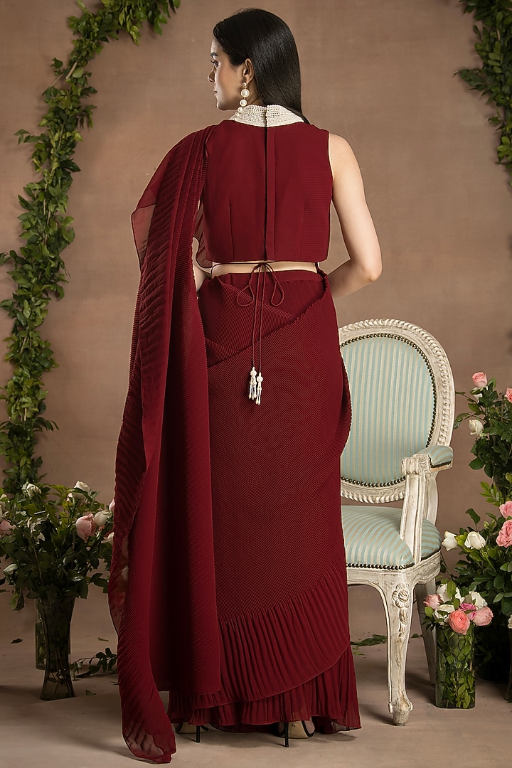Rose Red Georgette Pleated Pre-Draped Party Wear Saree Set by Preeti Mehta at Pernia's Pop Up Shop