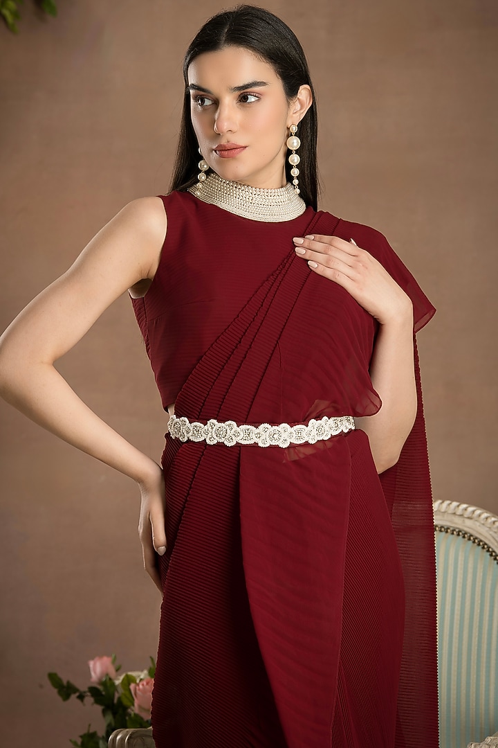 Rose Red Georgette Pleated Pre-Draped Party Wear Saree Set by Preeti Mehta at Pernia's Pop Up Shop