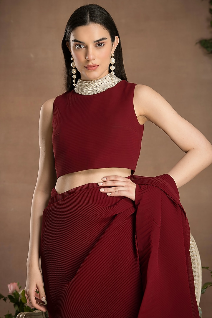 Rose Red Georgette Pleated Pre-Draped Party Wear Saree Set by Preeti Mehta at Pernia's Pop Up Shop