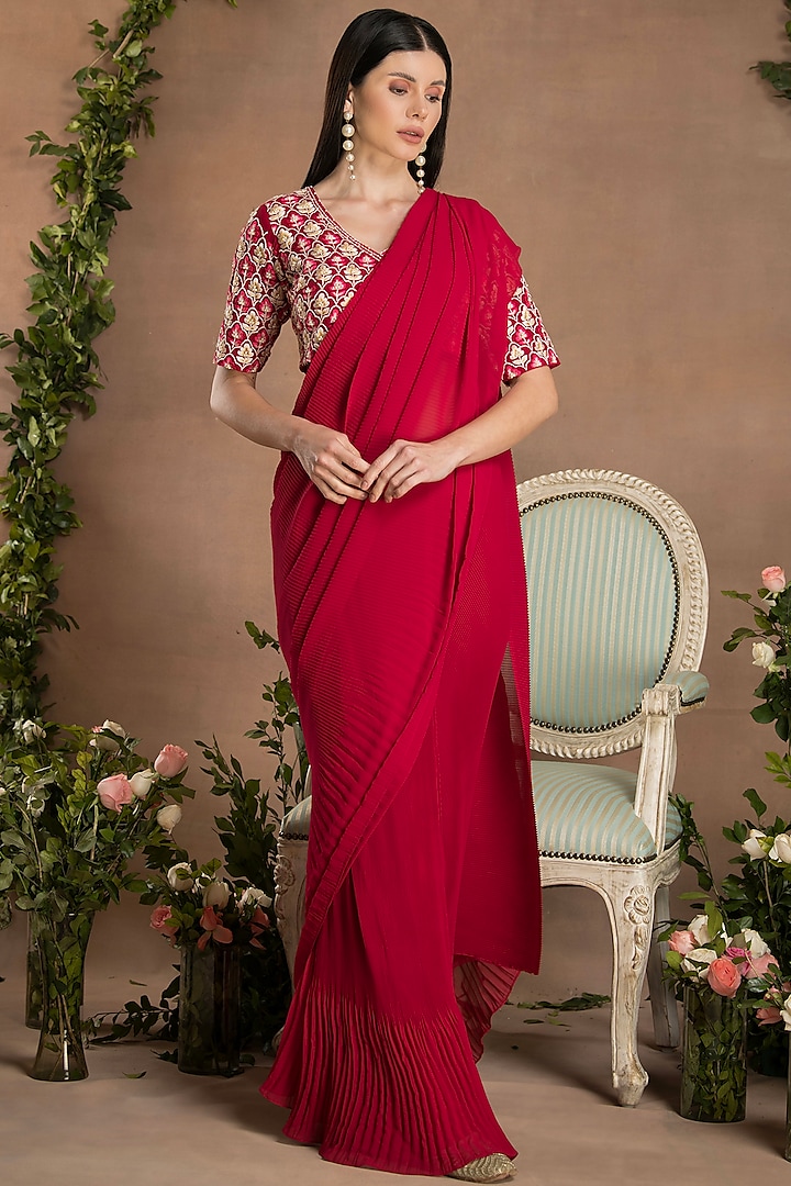 Ruby Red Georgette Pre-Draped Saree Set by Preeti Mehta at Pernia's Pop Up Shop