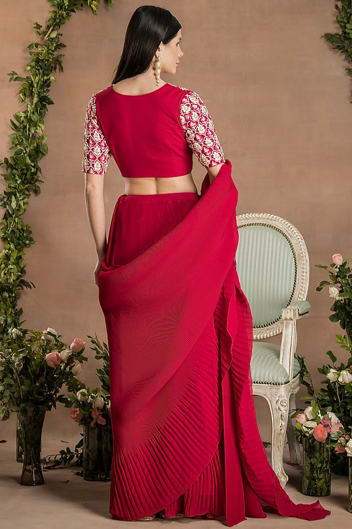 Ruby Red Georgette Pre-Draped Party Wear Saree Set by Preeti Mehta at Pernia's Pop Up Shop