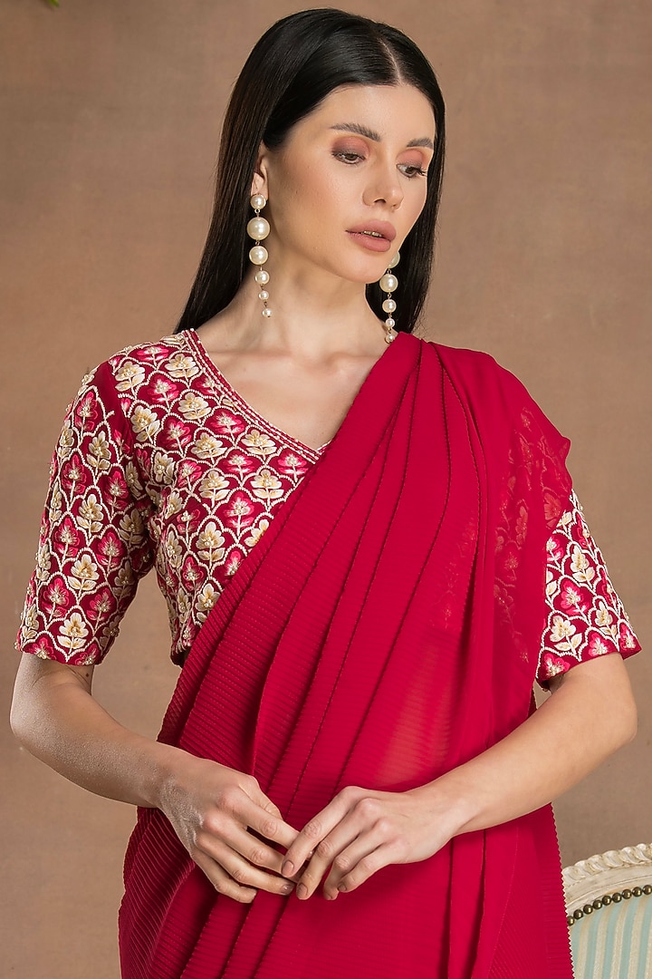 Ruby Red Georgette Pre-Draped Party Wear Saree Set by Preeti Mehta at Pernia's Pop Up Shop