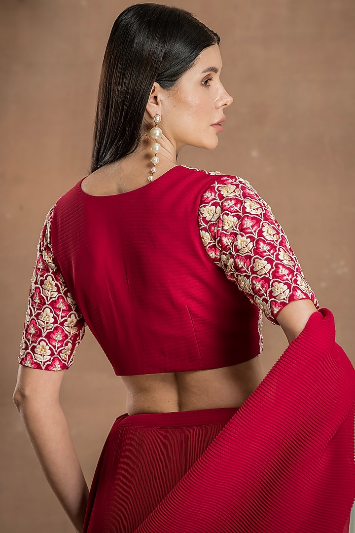 Ruby Red Georgette Pre-Draped Party Wear Saree Set by Preeti Mehta at Pernia's Pop Up Shop