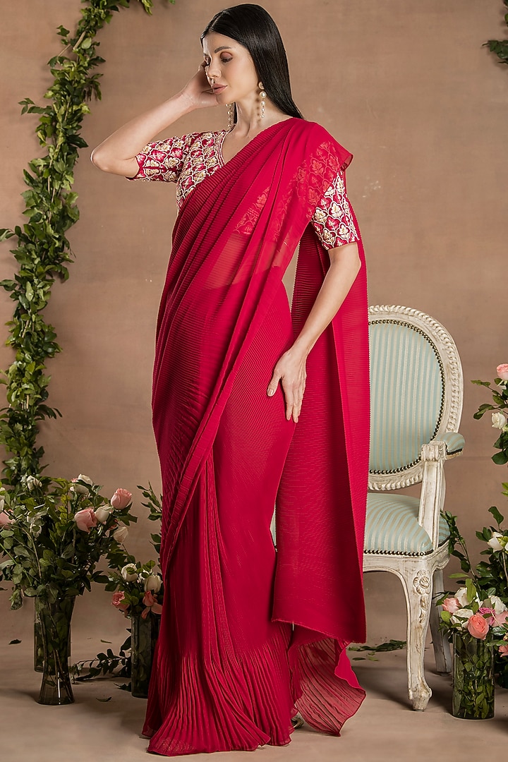 Ruby Red Georgette Pre-Draped Party Wear Saree Set by Preeti Mehta at Pernia's Pop Up Shop