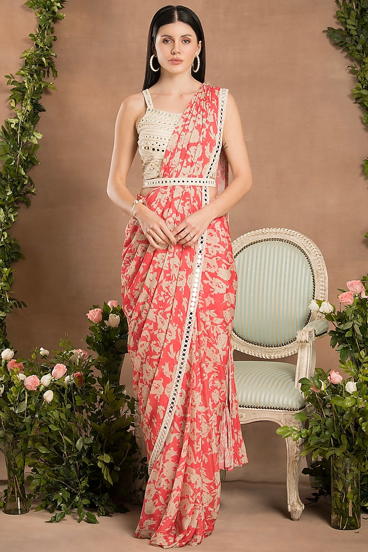 Peach Pink Chinon Digital Printed Pre-Draped Pleated Saree Set by Preeti Mehta at Pernia's Pop Up Shop