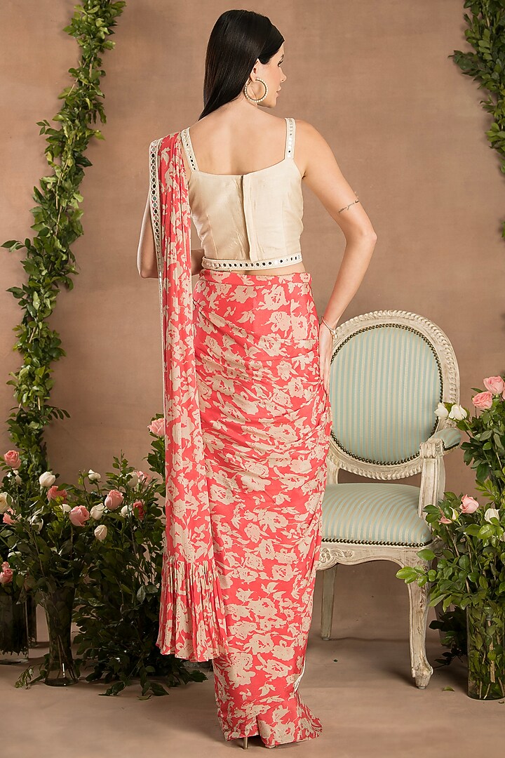 Peach Pink Chinon Digital Printed Pre-Draped Pleated Party Wear Saree Set by Preeti Mehta at Pernia's Pop Up Shop