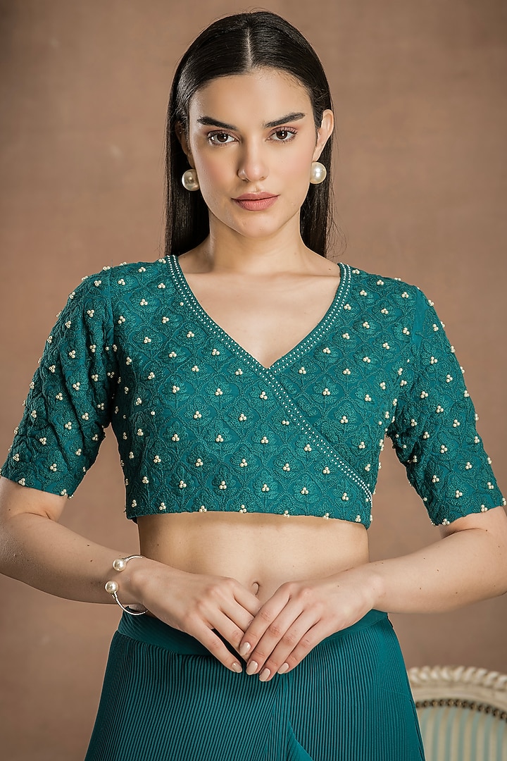 Pine Green Georgette Pre-Draped Pleated Party Wear Saree Set by Preeti Mehta at Pernia's Pop Up Shop