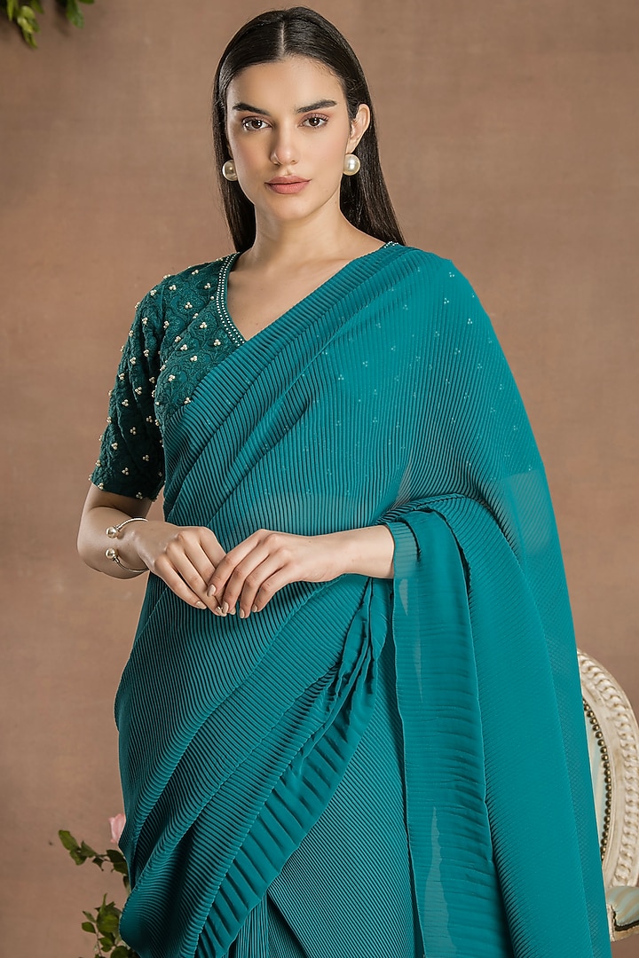 Pine Green Georgette Pre-Draped Pleated Party Wear Saree Set by Preeti Mehta at Pernia's Pop Up Shop