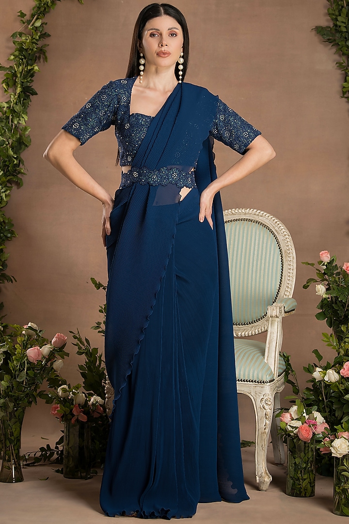 Navy Blue Georgette Pre-Draped Pleated Saree Set by Preeti Mehta at Pernia's Pop Up Shop