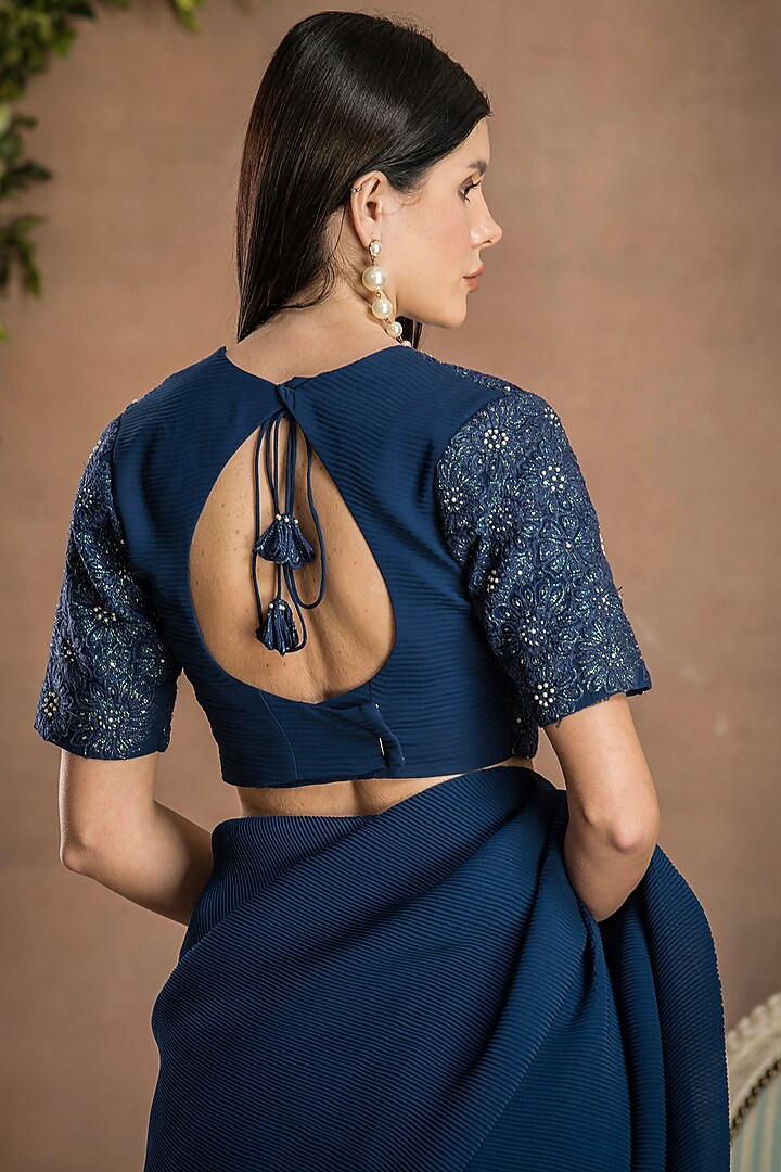 Navy Blue Georgette Pre-Draped Pleated Party Wear Saree Set by Preeti Mehta at Pernia's Pop Up Shop