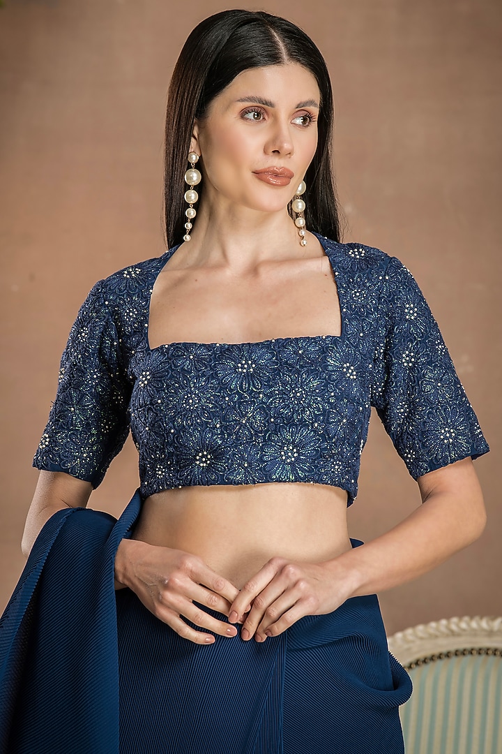 Navy Blue Georgette Pre-Draped Pleated Party Wear Saree Set by Preeti Mehta at Pernia's Pop Up Shop