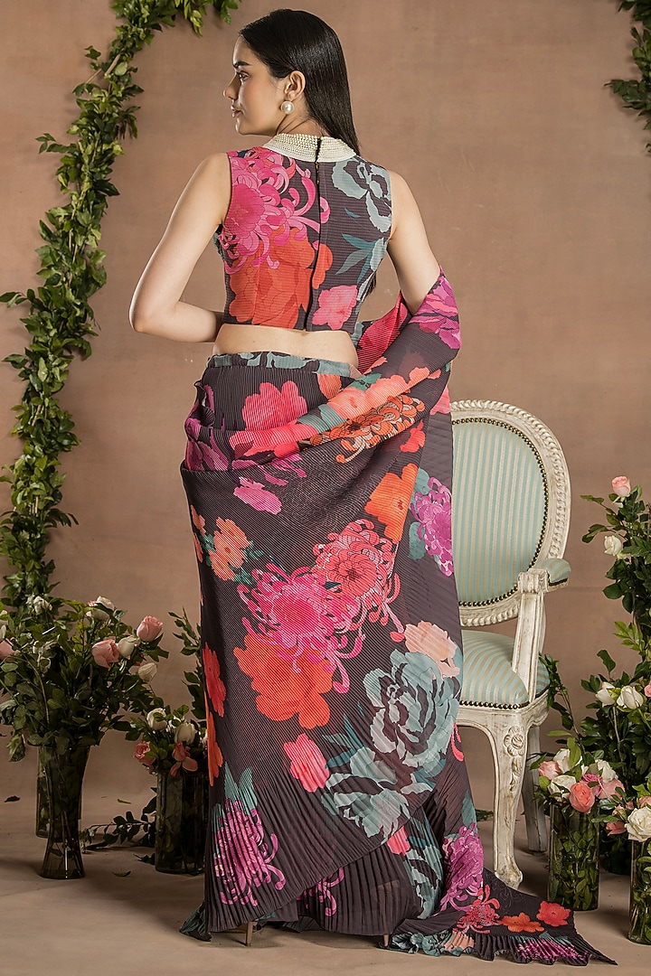 Dark Chocolate Brown Georgette Digital Printed Pleated Pre-Draped Party Wear Saree Set by Preeti Mehta at Pernia's Pop Up Shop