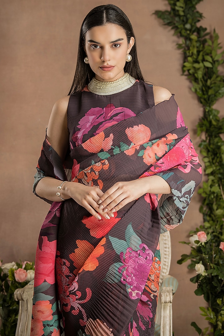 Dark Chocolate Brown Georgette Digital Printed Pleated Pre-Draped Party Wear Saree Set by Preeti Mehta at Pernia's Pop Up Shop