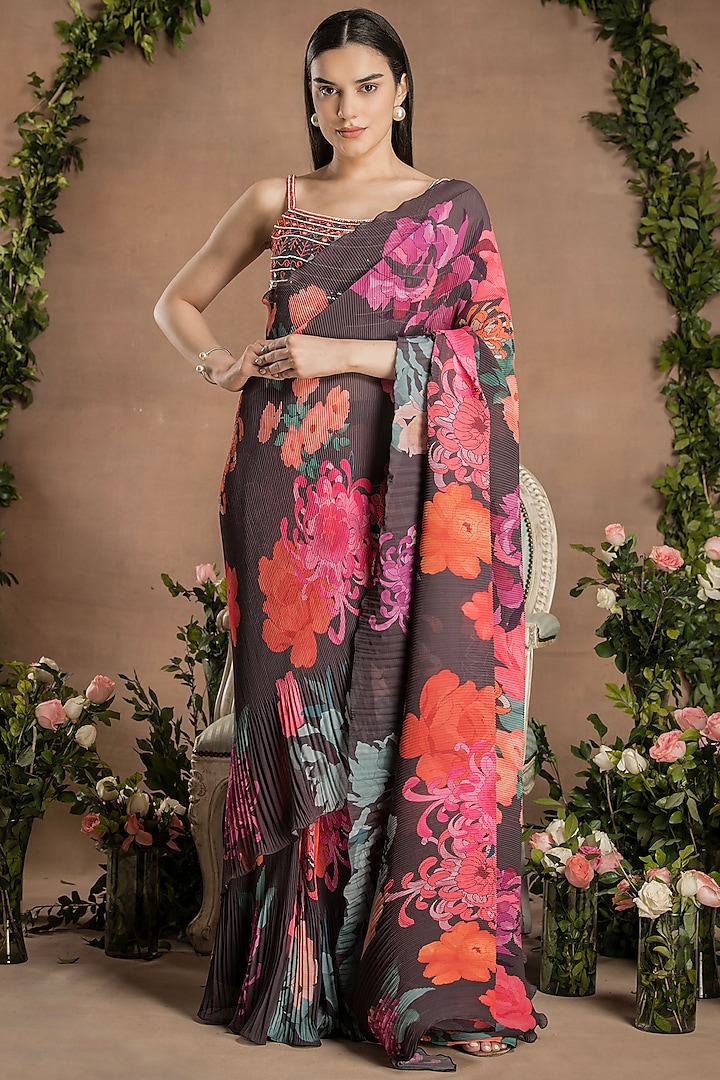 Dark Chocolate Brown Georgette Digital Printed Pleated Pre-Draped Saree Set by Preeti Mehta