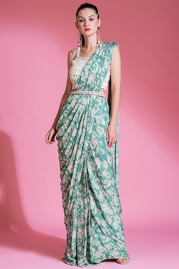 Jade Green Chinon Digital Printed Pre-Draped Pleated Saree Set by Preeti Mehta at Pernia's Pop Up Shop