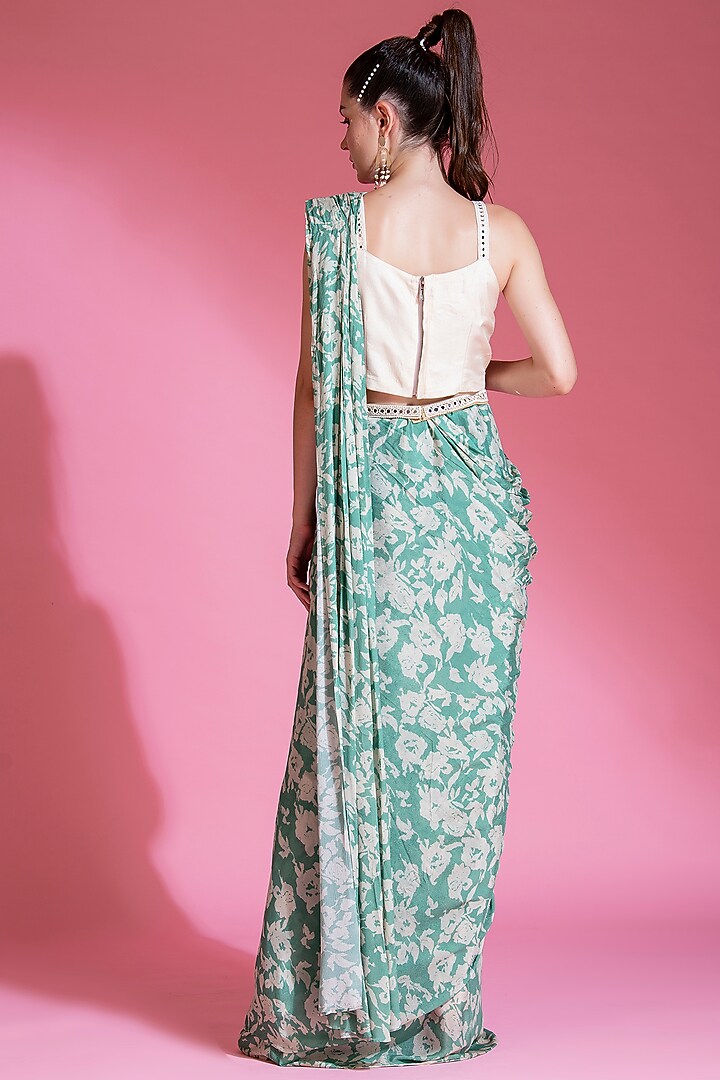 Jade Green Chinon Digital Printed Pre-Draped Pleated Party Wear Saree Set by Preeti Mehta at Pernia's Pop Up Shop
