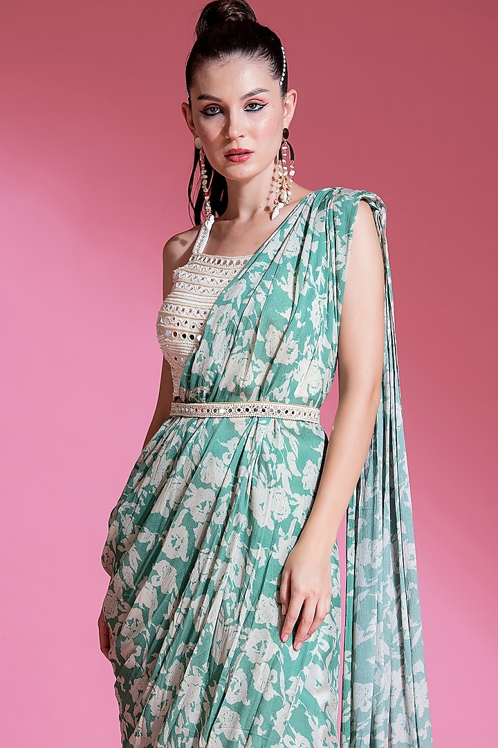 Jade Green Chinon Digital Printed Pre-Draped Pleated Party Wear Saree Set by Preeti Mehta at Pernia's Pop Up Shop