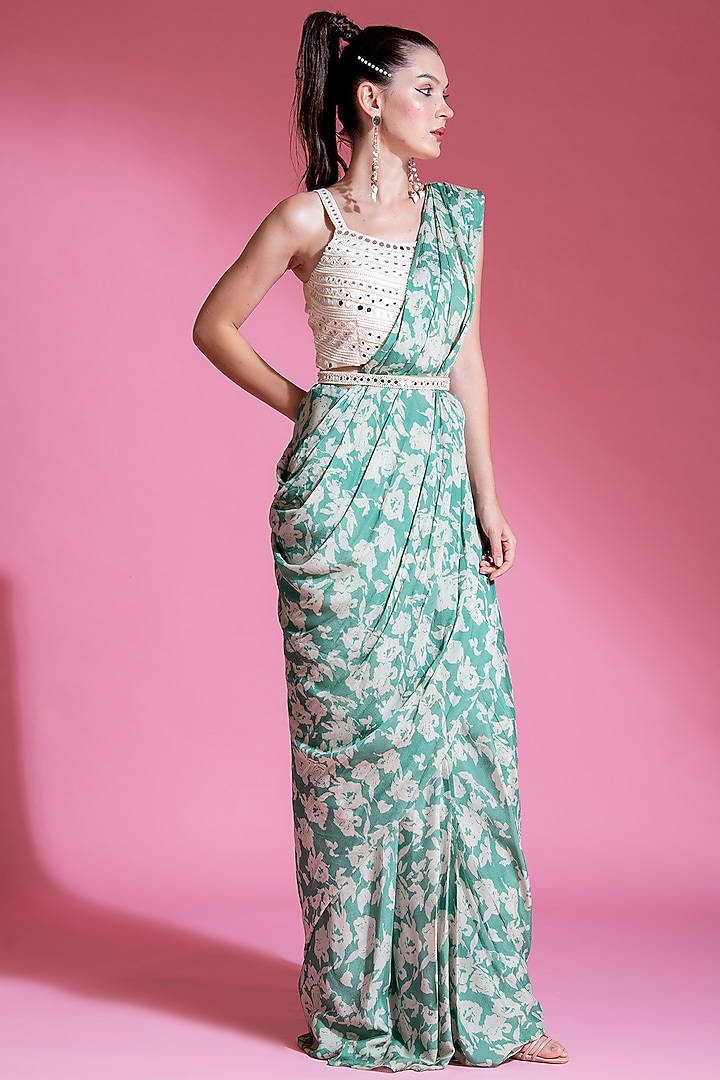 Jade Green Chinon Digital Printed Pre-Draped Pleated Party Wear Saree Set by Preeti Mehta at Pernia's Pop Up Shop