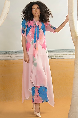 Baby Pink Georgette Viscose & Polyester Digital Printed Kurta Set by Preeti Mehta