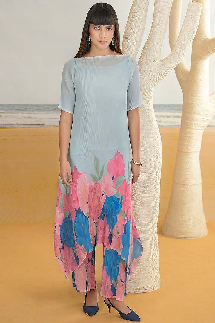 Aqua Blue Georgette Viscose & Polyester Digital Printed Kurta Set by Preeti Mehta at Pernia's Pop Up Shop