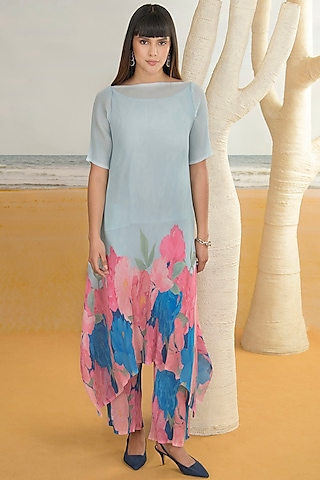 Aqua Blue Georgette Viscose & Polyester Digital Printed Kurta Set by Preeti Mehta