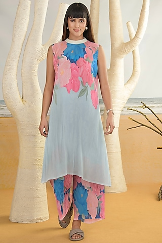 Aqua Blue Georgette Viscose & Polyester Digital Printed Kurta Set by Preeti Mehta