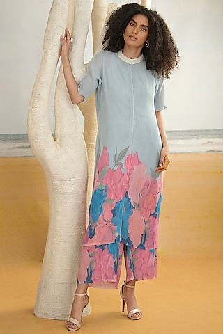 Aqua Blue Georgette Viscose & Polyester Digital Printed Front Open Kurta Set by Preeti Mehta